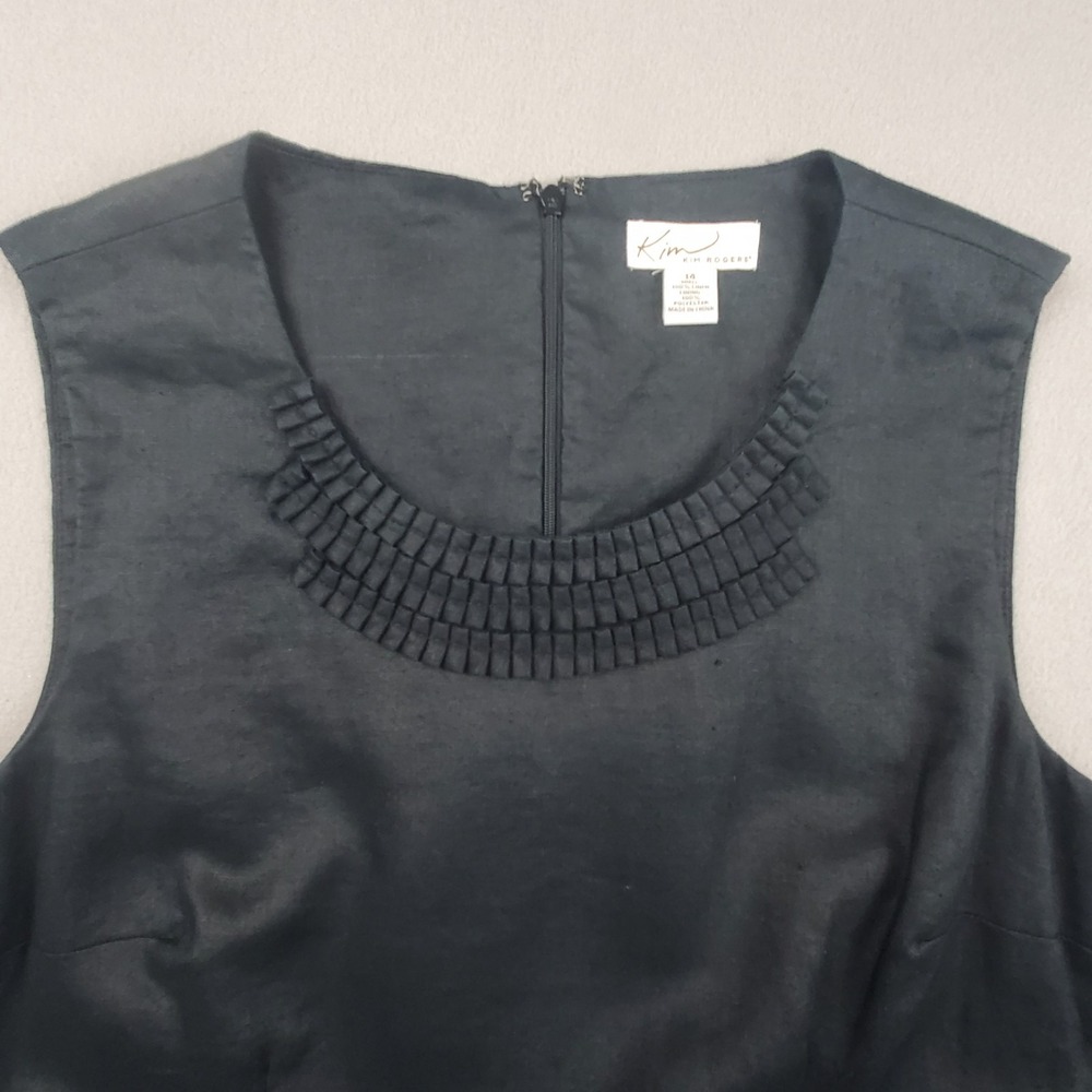 Kim Rogers 100% Linen Black Ruffled Collar Sleeveless Sheath Dress Sz 14